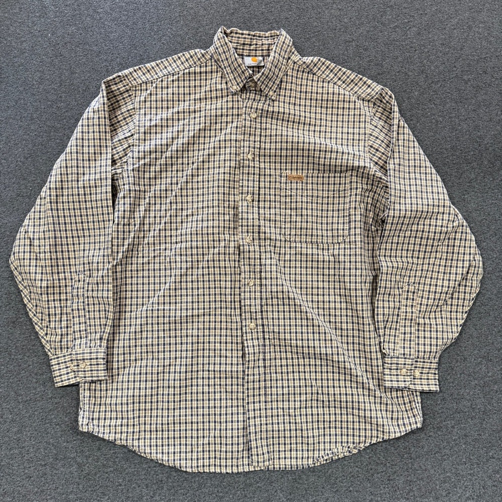 Vintage Carhartt Check Button Down Shirt Mens XL Blue Tan Good Long Sleeve